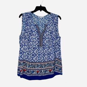 DR2 Daniel Rainn Boho Sleeveless Blouse Blue White